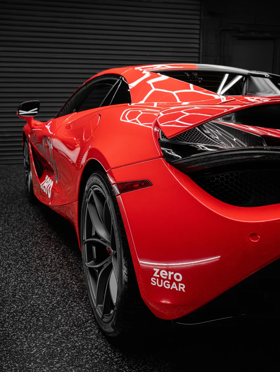 Rear three-quarter of a McLaren 720S with a red livery wrap and a zero sugar graphic on the rear fender