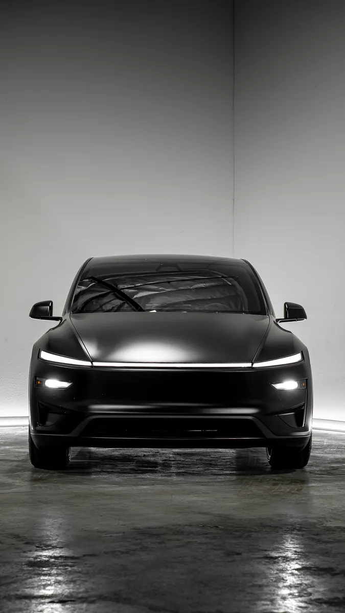 Front of a Tesla Model Y Performance with Stealth paint protection film in a grey studio